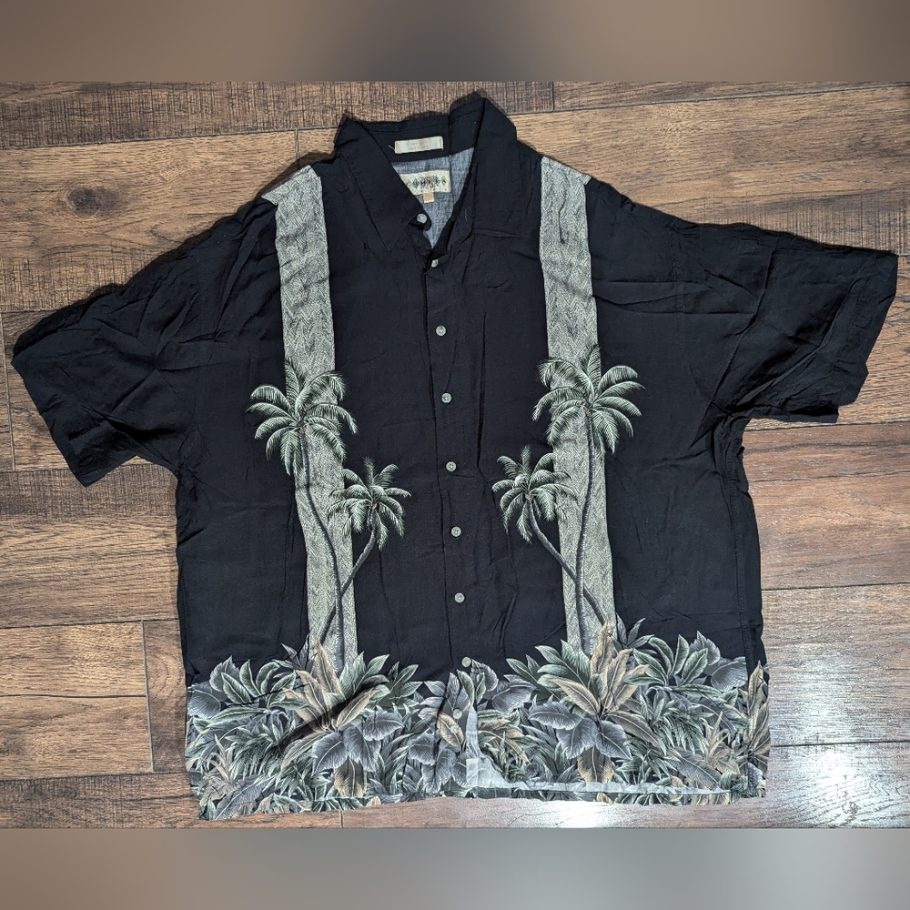 Campia Moda Hawaiian Palm Trees & Fronds Black Rayon Button Up Shirt Mens 2XL